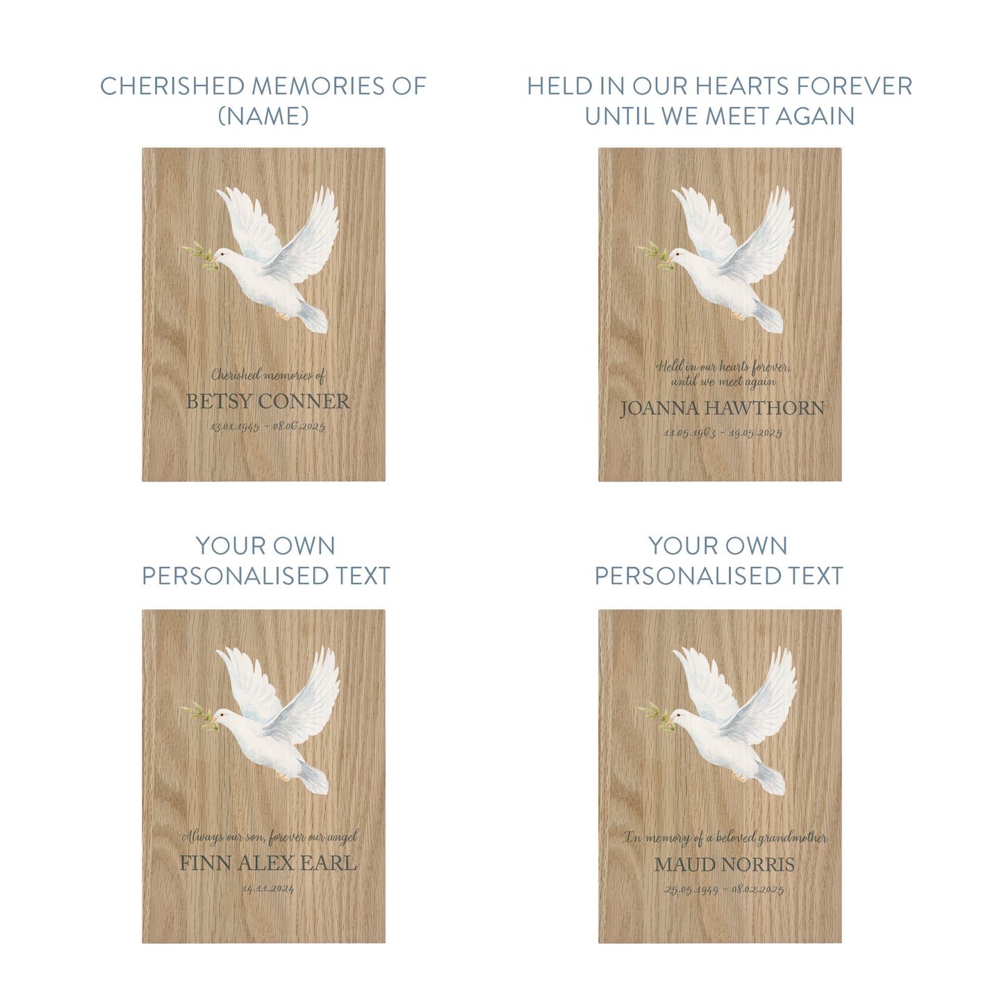 Memorial Solid Oak Photo Frame, personalise with your own message or select from our drop down selection. handmade watercolour paintings, this design features a flying Dove with a sprig.