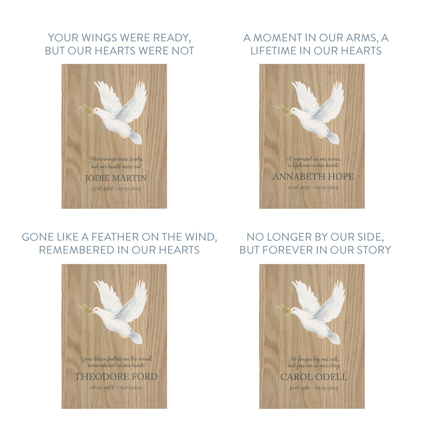 Memorial Solid Oak Photo Frame, personalise with your own message or select from our drop down selection. handmade watercolour paintings, this design features a flying Dove with a sprig.