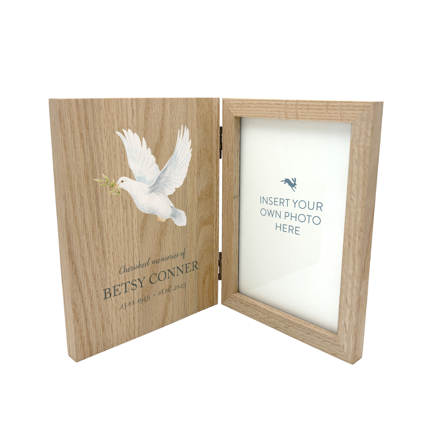Memorial Solid Oak Photo Frame, personalise with your own message or select from our drop down selection. handmade watercolour paintings, this design features a flying Dove with a sprig.