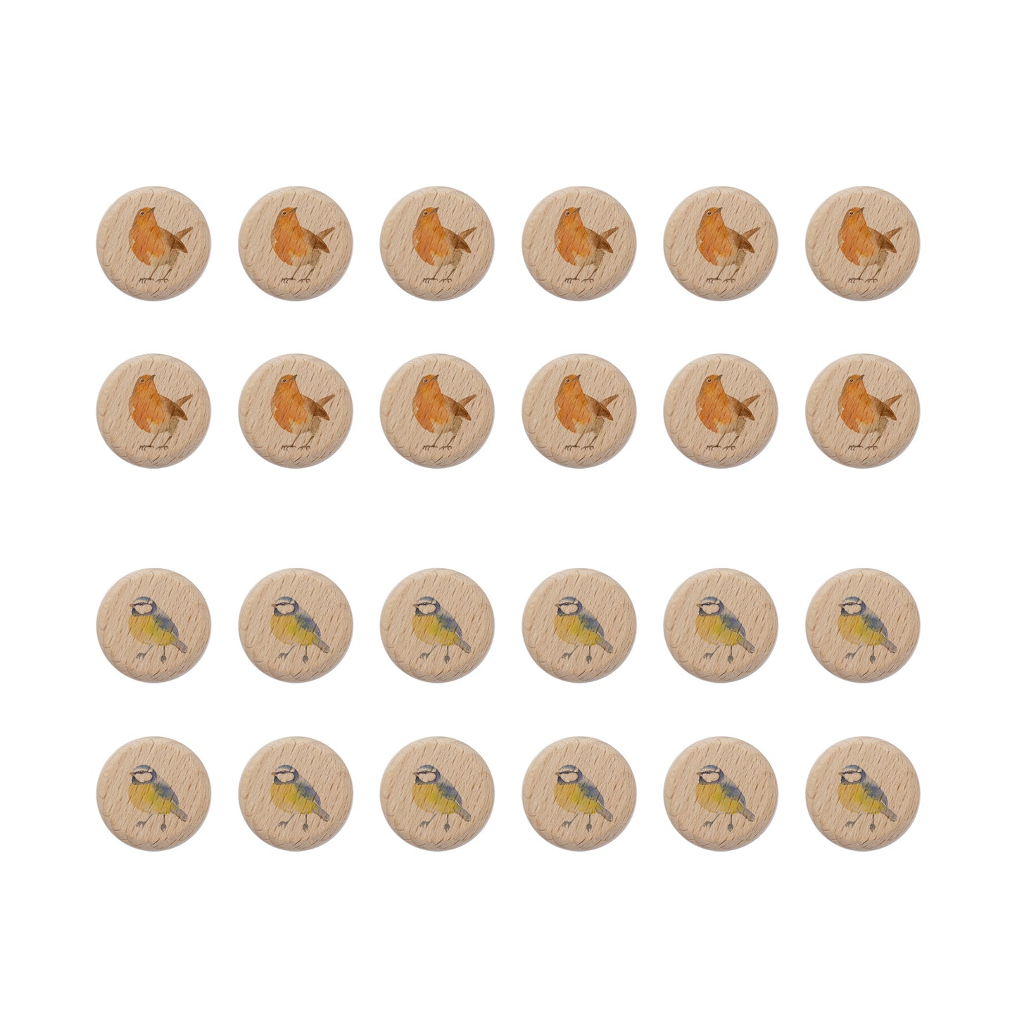 Set of wooden draughts or checkers counters with British bird illustrations. One set shows robins, and one set shows blue tits.