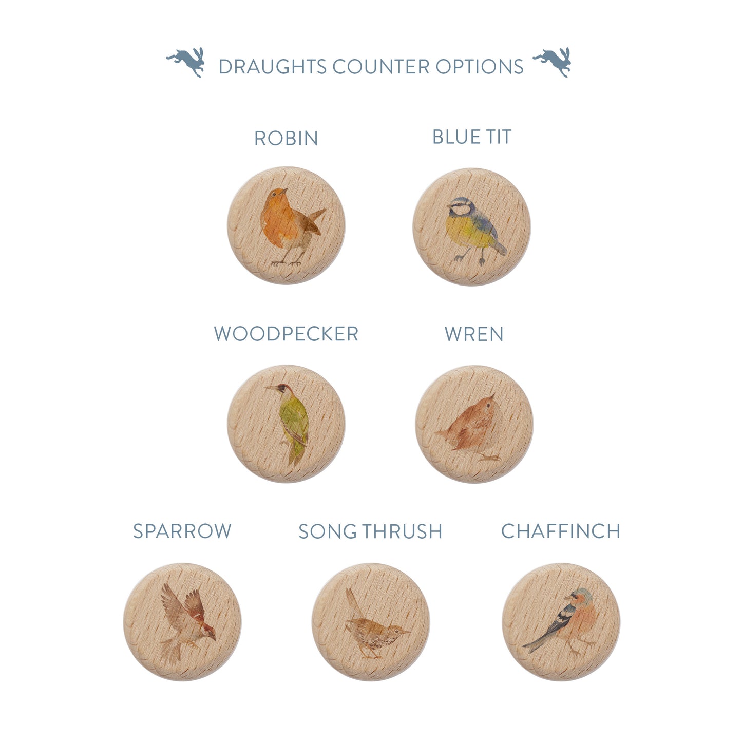 Wooden counters showing a selection of wooden draughts counters to choose from, each featuring a British bird watercolour design.