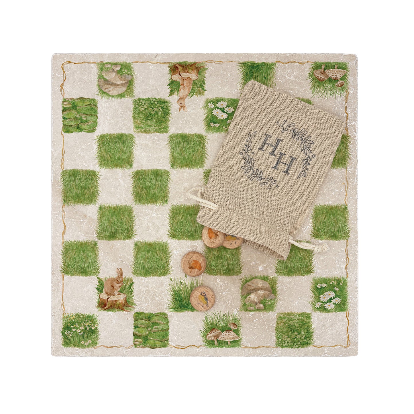 A marble chess, draughts or checkers board with a small cotton bag full of wooden counters featuring British birds.