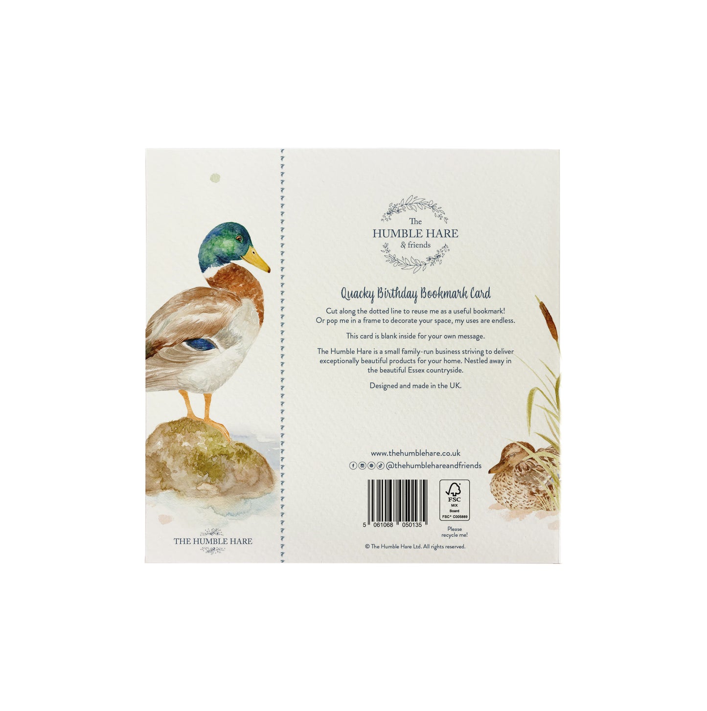 The back of a bookmark greetings card featuring a Mallard duck in a watercolour style. The back of the card shows The Humble Hare logo and that the card is FSC certified.