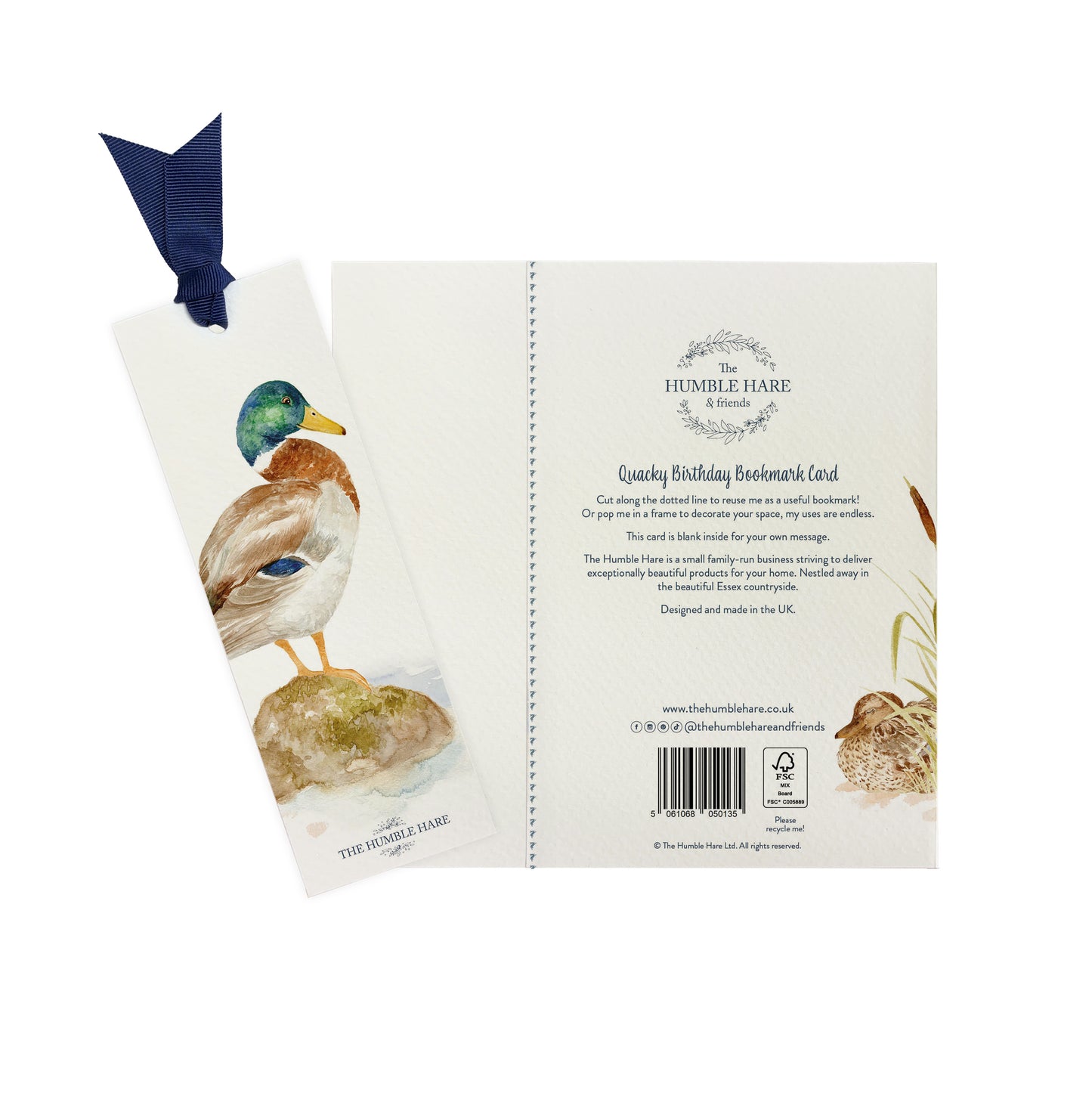 The back of a greetings card showing that it can be reused as a bookmark featuring a Mallard duck in a watercolour style.