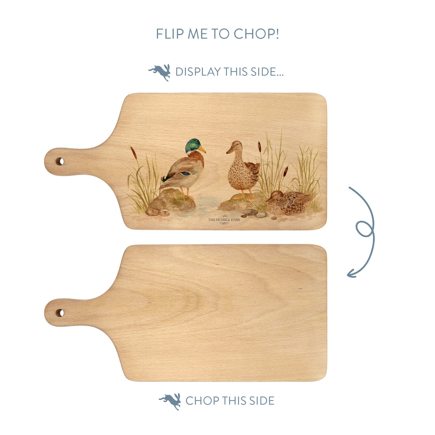 Handmade paddle board in Beech wood, featuring a painted mallard Ducks with a hand tied luxury blue ribbon.