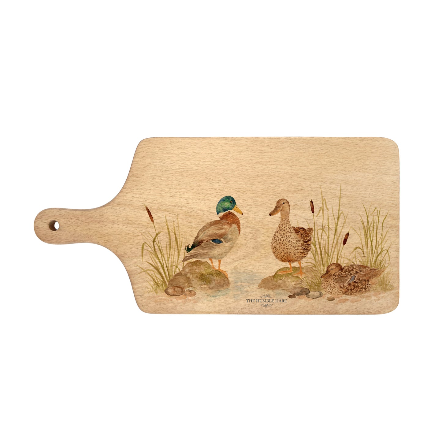 Handmade paddle board in Beech wood, featuring a painted mallard Ducks with a hand tied luxury blue ribbon.