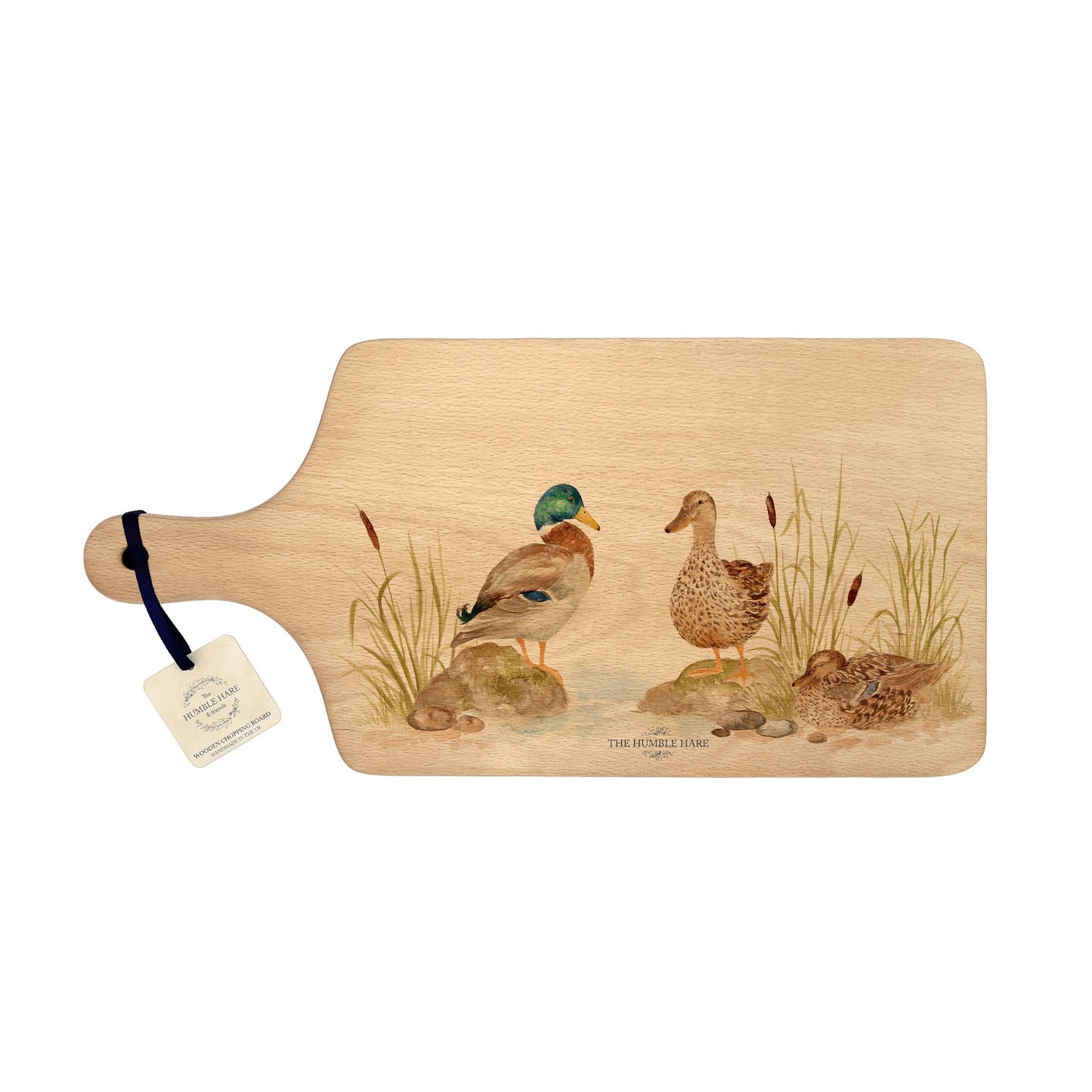 Handmade paddle board in Beech wood, featuring a painted mallard Ducks with a hand tied luxury blue ribbon.