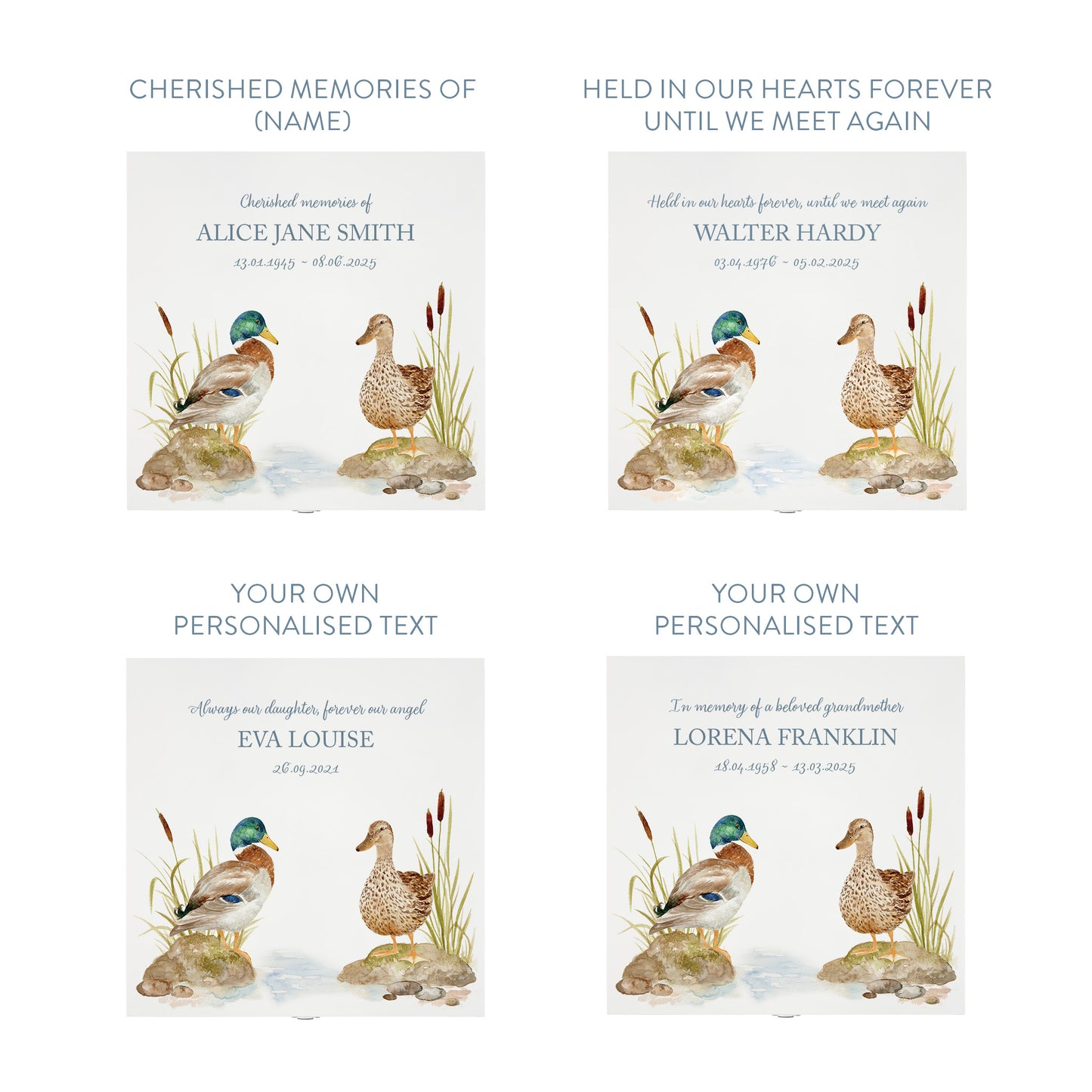 White Square personalised Wooden box with a decorative lid featuring illustrations of Ducks on a bank Perfect funeral memory keepsake box, for storing ashes, order of service, flowers and capturing your loved ones things in one place.