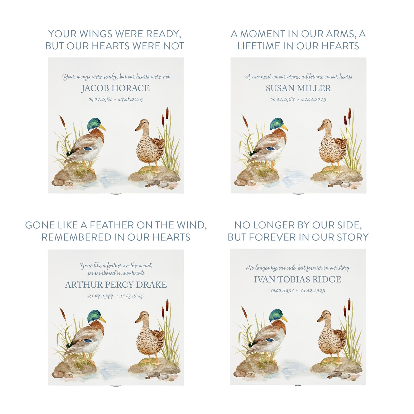 White Square personalised Wooden box with a decorative lid featuring illustrations of Ducks on a bank Perfect funeral memory keepsake box, for storing ashes, order of service, flowers and capturing your loved ones things in one place.