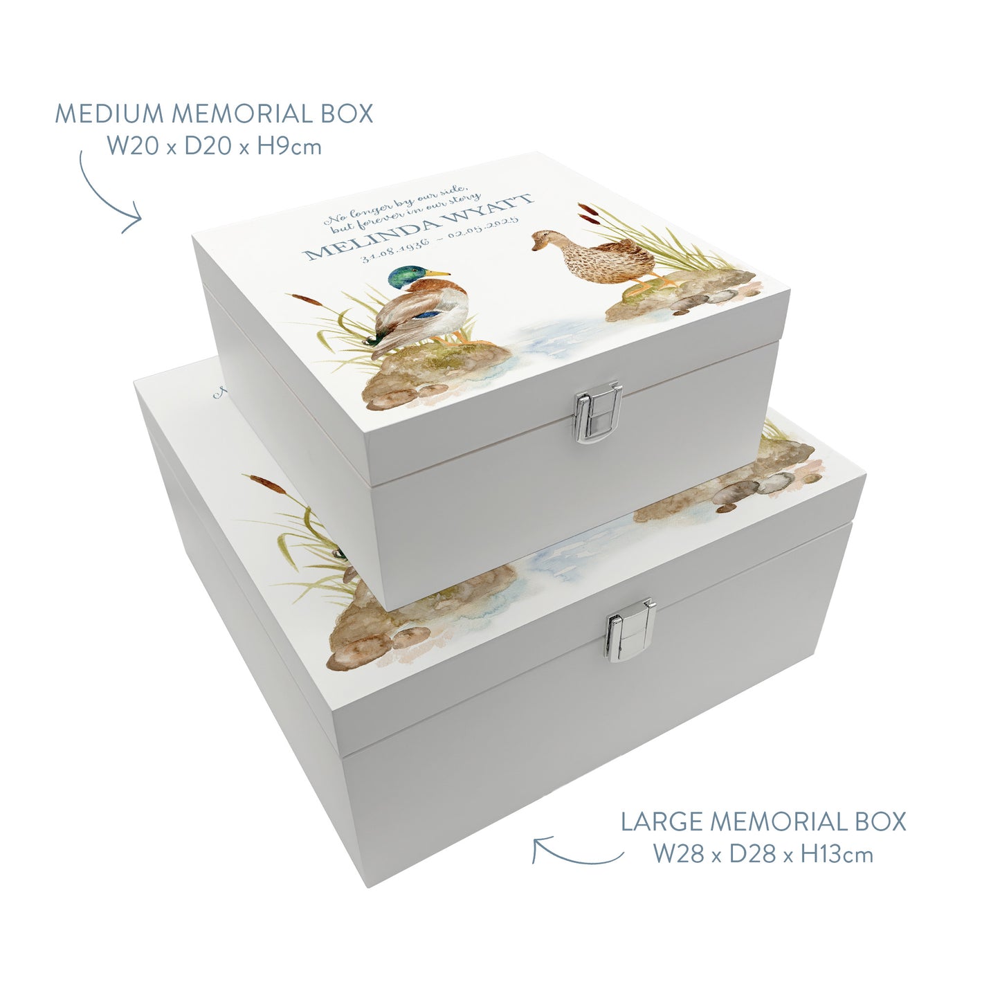 White Square personalised Wooden box with a decorative lid featuring illustrations of Ducks on a bank Perfect funeral memory keepsake box, for storing ashes, order of service, flowers and capturing your loved ones things in one place.