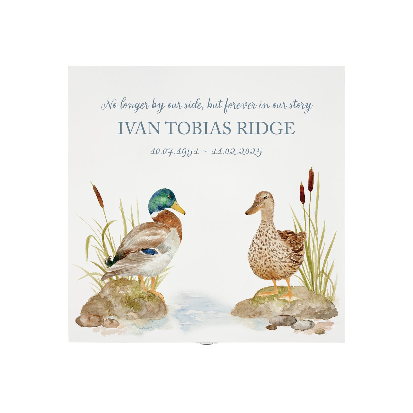 White Square personalised Wooden box with a decorative lid featuring illustrations of Ducks on a bank Perfect funeral memory keepsake box, for storing ashes, order of service, flowers and capturing your loved ones things in one place.