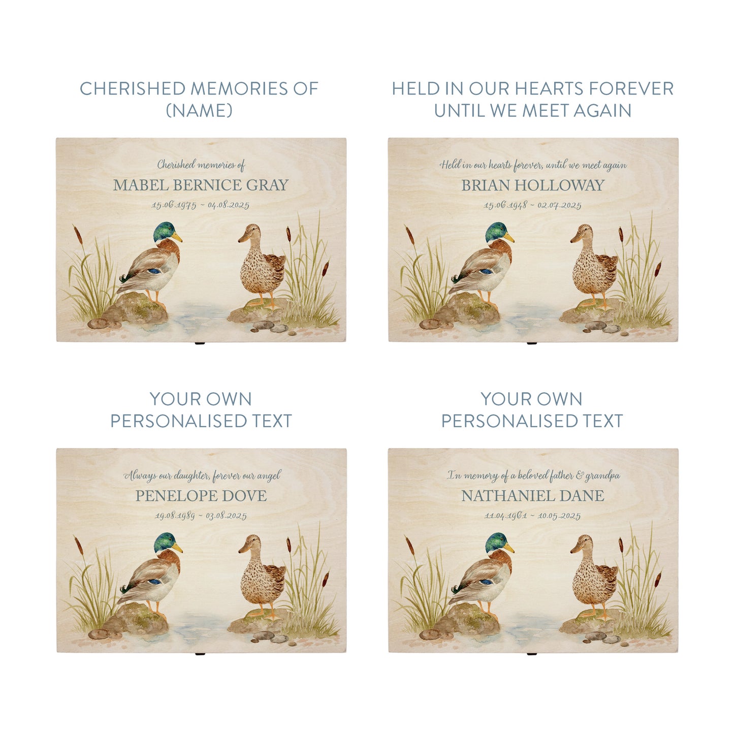 Wooden box with a lid featuring an illustration of two ducks on a wooden background Perfect funeral memory keepsake box, for storing ashes, order of service, flowers, pictures.