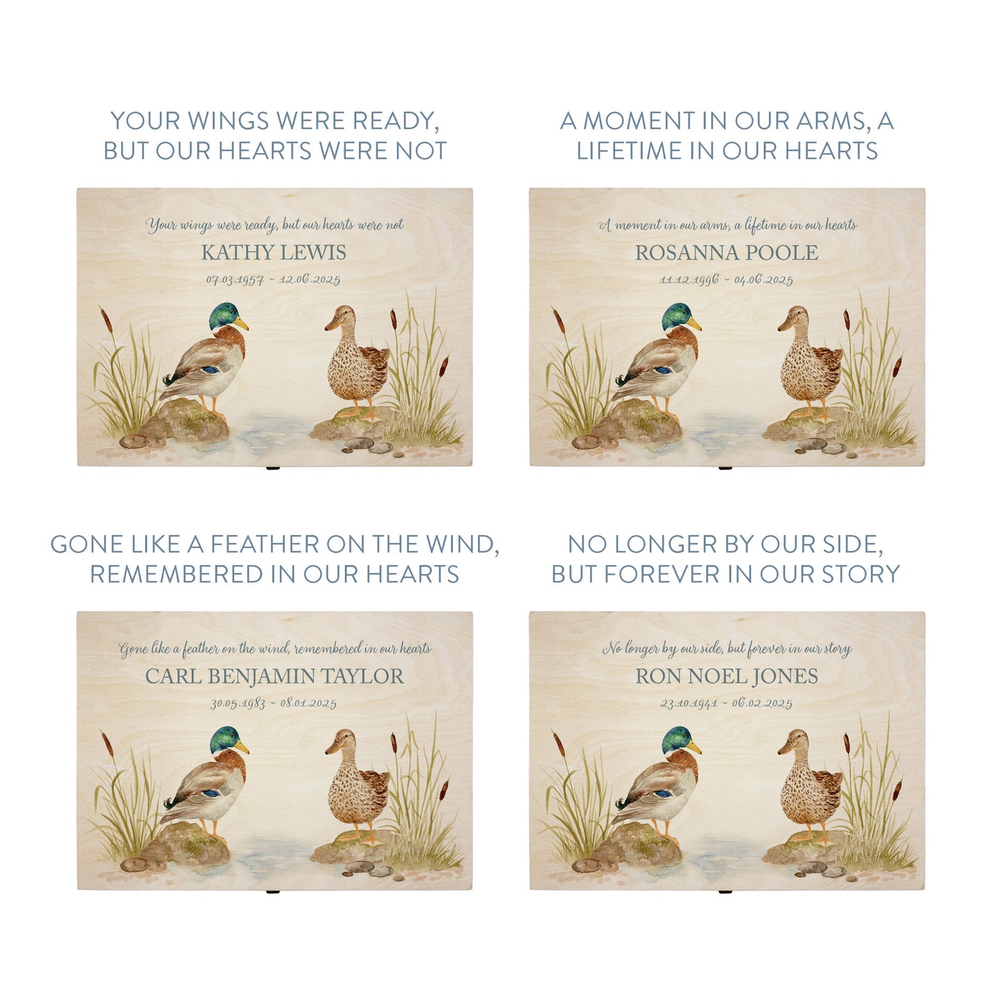 Wooden box with a lid featuring an illustration of two ducks on a wooden background Perfect funeral memory keepsake box, for storing ashes, order of service, flowers, pictures.