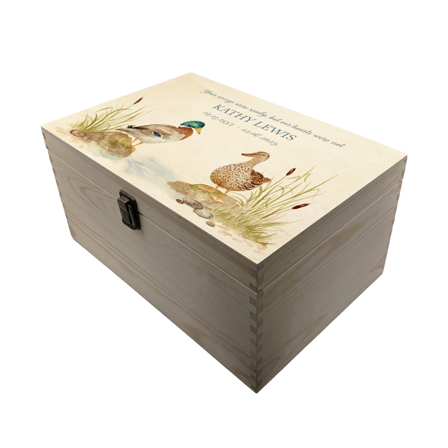 Wooden box with a lid featuring an illustration of two ducks on a wooden background Perfect funeral memory keepsake box, for storing ashes, order of service, flowers, pictures.