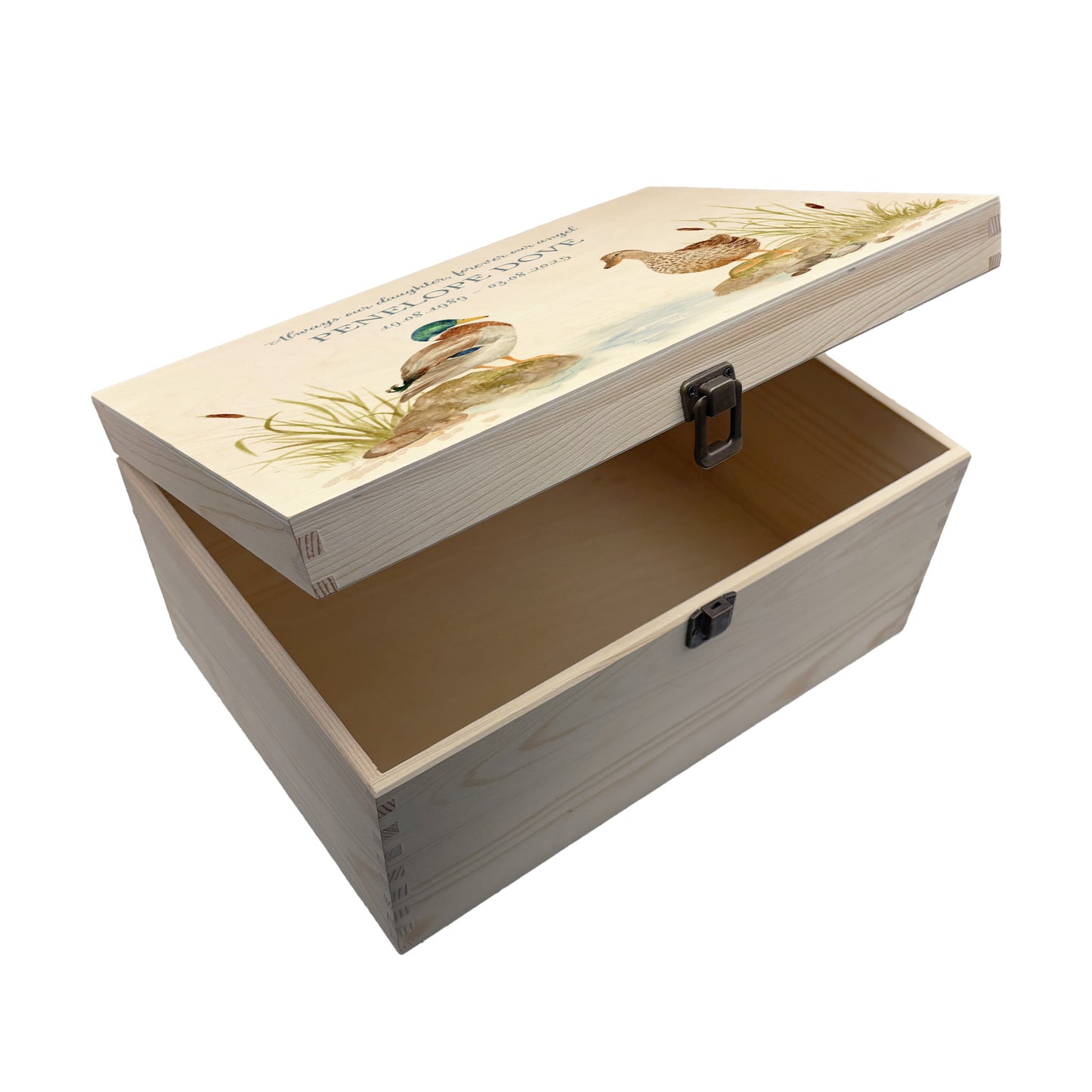 Wooden box with a lid featuring an illustration of two ducks on a wooden background Perfect funeral memory keepsake box, for storing ashes, order of service, flowers, pictures.