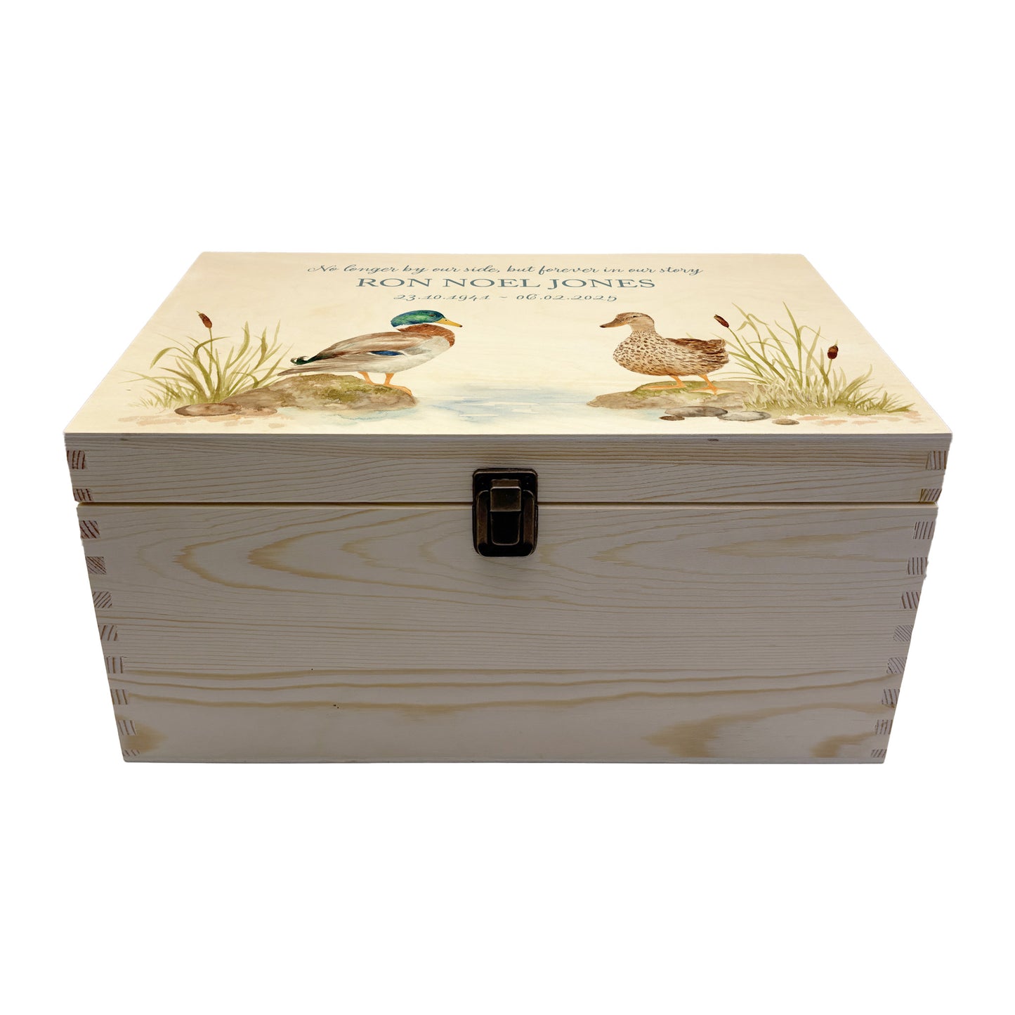 Wooden box with a lid featuring an illustration of two ducks on a wooden background Perfect funeral memory keepsake box, for storing ashes, order of service, flowers, pictures.