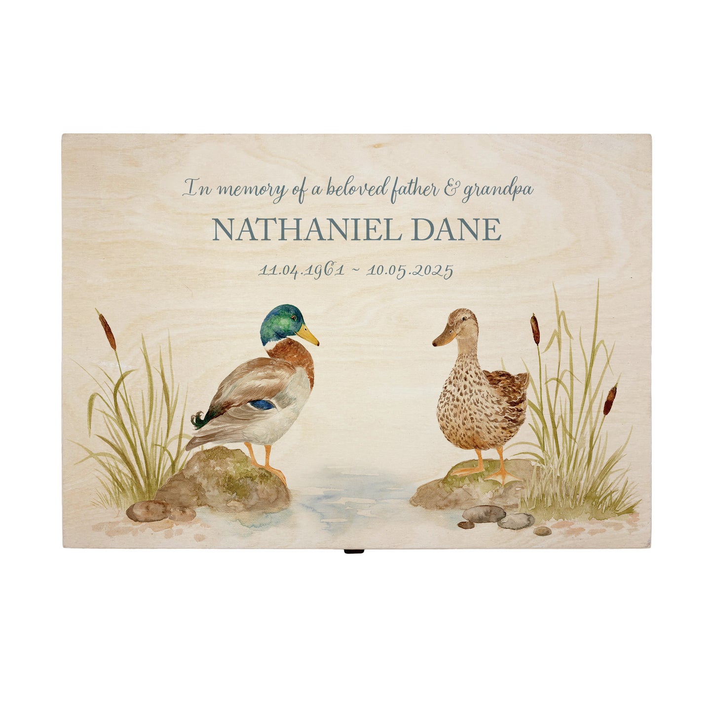 Wooden box with a lid featuring an illustration of two ducks on a wooden background Perfect funeral memory keepsake box, for storing ashes, order of service, flowers, pictures.
