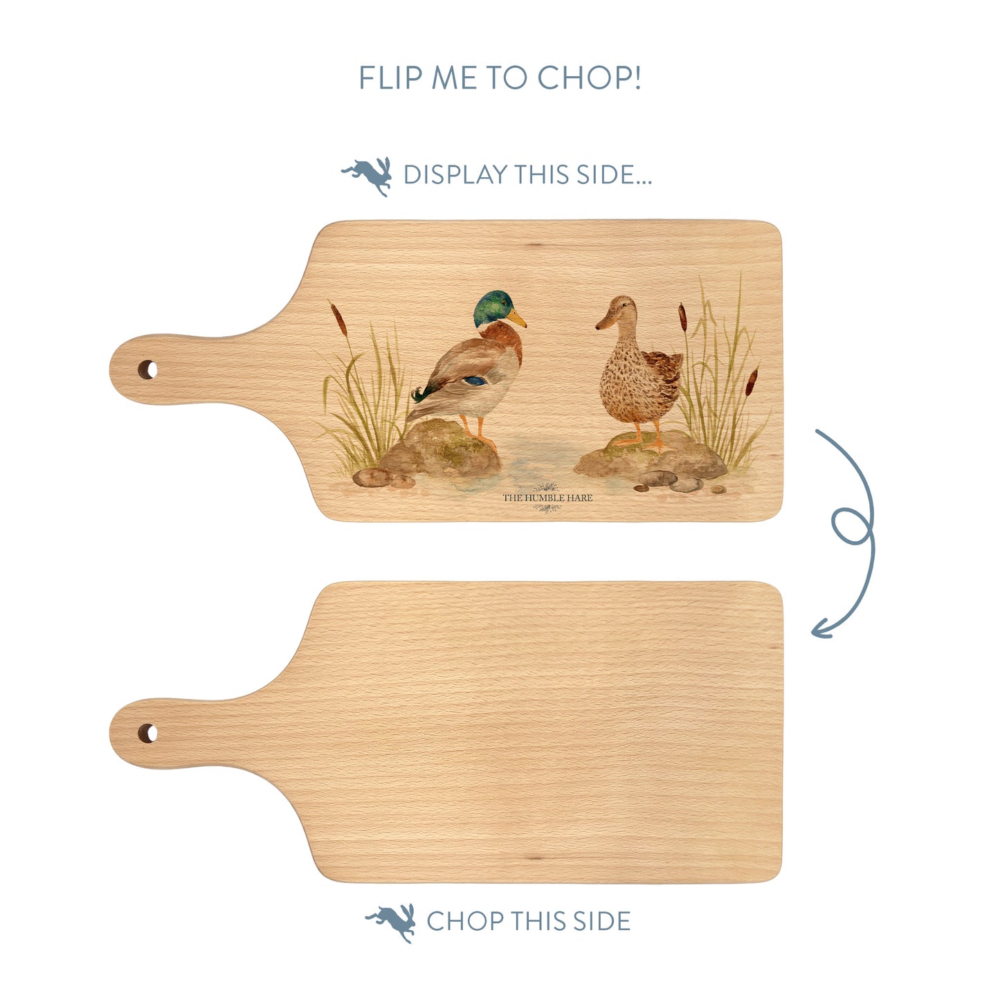 Handmade paddle board in Beech wood, featuring a water colour Mallard Ducks design with a hand tied luxury blue ribbon. perfect chopping board, charcuterie board, serving board and chopping board.