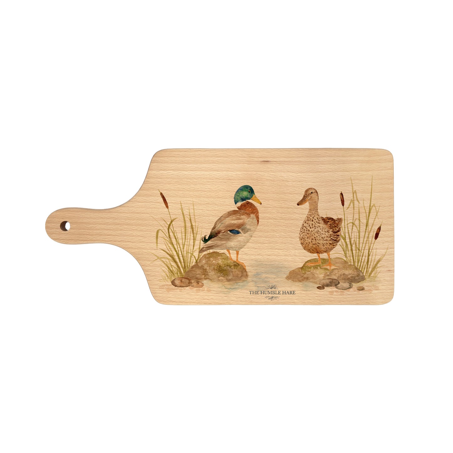 Handmade paddle board in Beech wood, featuring a water colour Mallard Ducks design with a hand tied luxury blue ribbon. perfect chopping board, charcuterie board, serving board and chopping board.