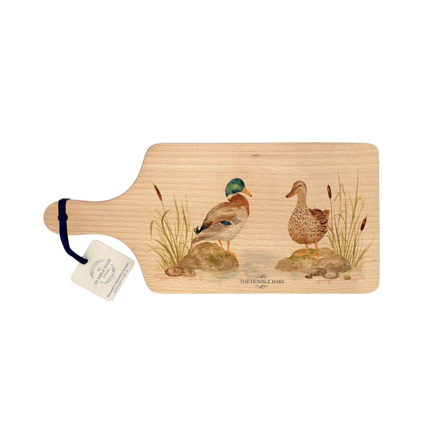 Handmade paddle board in Beech wood, featuring a water colour Mallard Ducks design with a hand tied luxury blue ribbon. perfect chopping board, charcuterie board, serving board and chopping board.