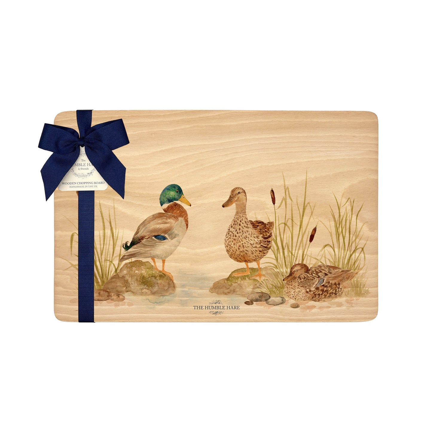 Handmade rectangular chopping board featuring a watercolour Mallard Ducks illustration, finished with blue ribbon.