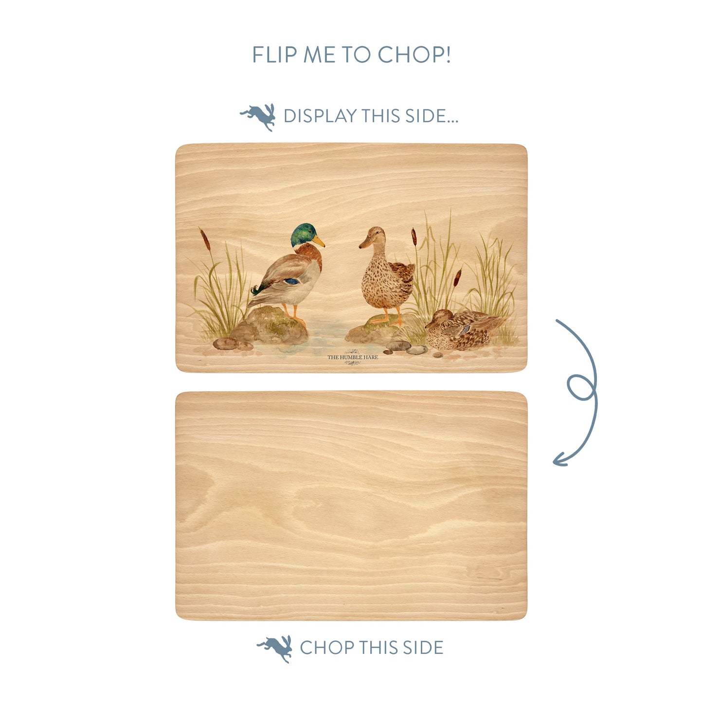 Handmade rectangular chopping board featuring a watercolour Mallard Ducks illustration, finished with blue ribbon.