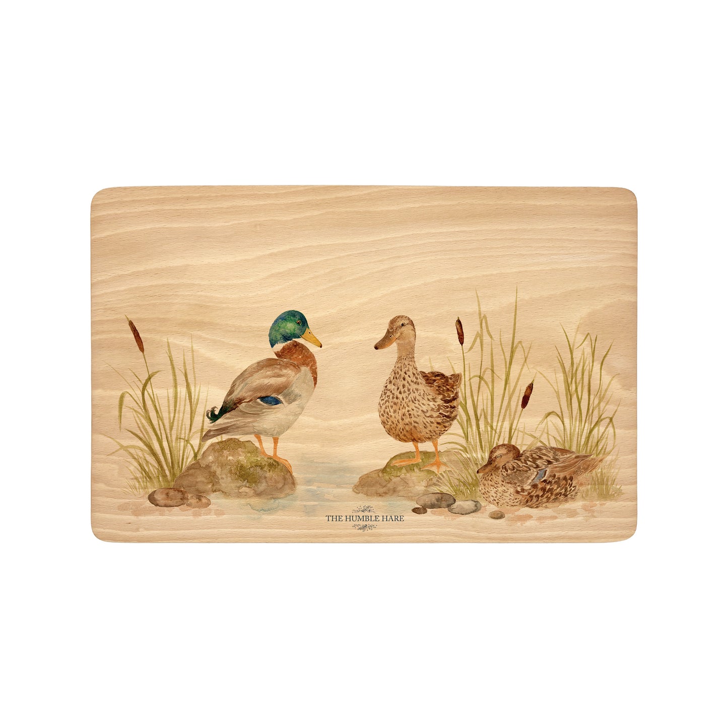 Handmade rectangular chopping board featuring a watercolour Mallard Ducks illustration, finished with blue ribbon.
