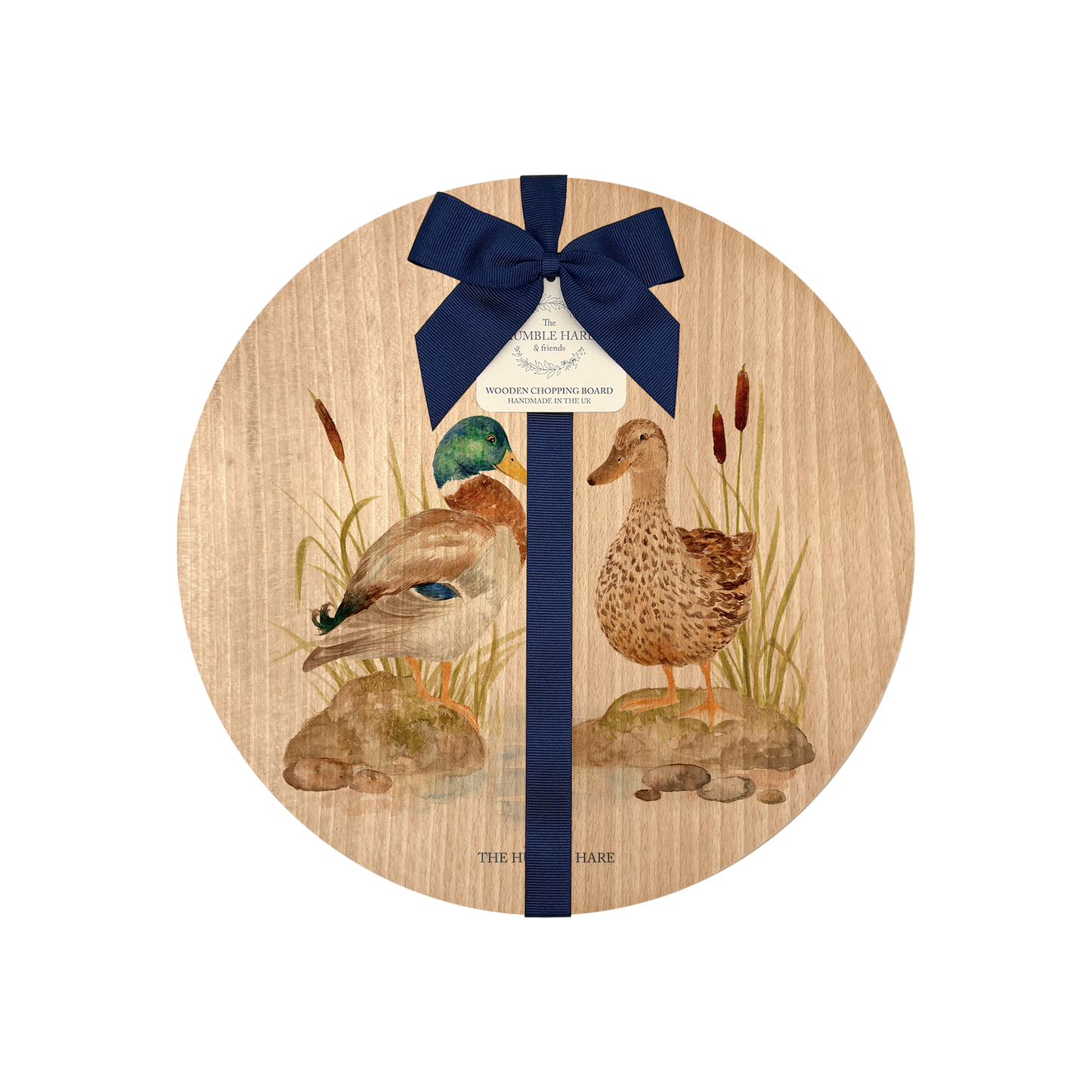 Rustic Beechwood chopping board with countryside-style Mallards sitting on a river bank illustration and luxury blue ribbon.