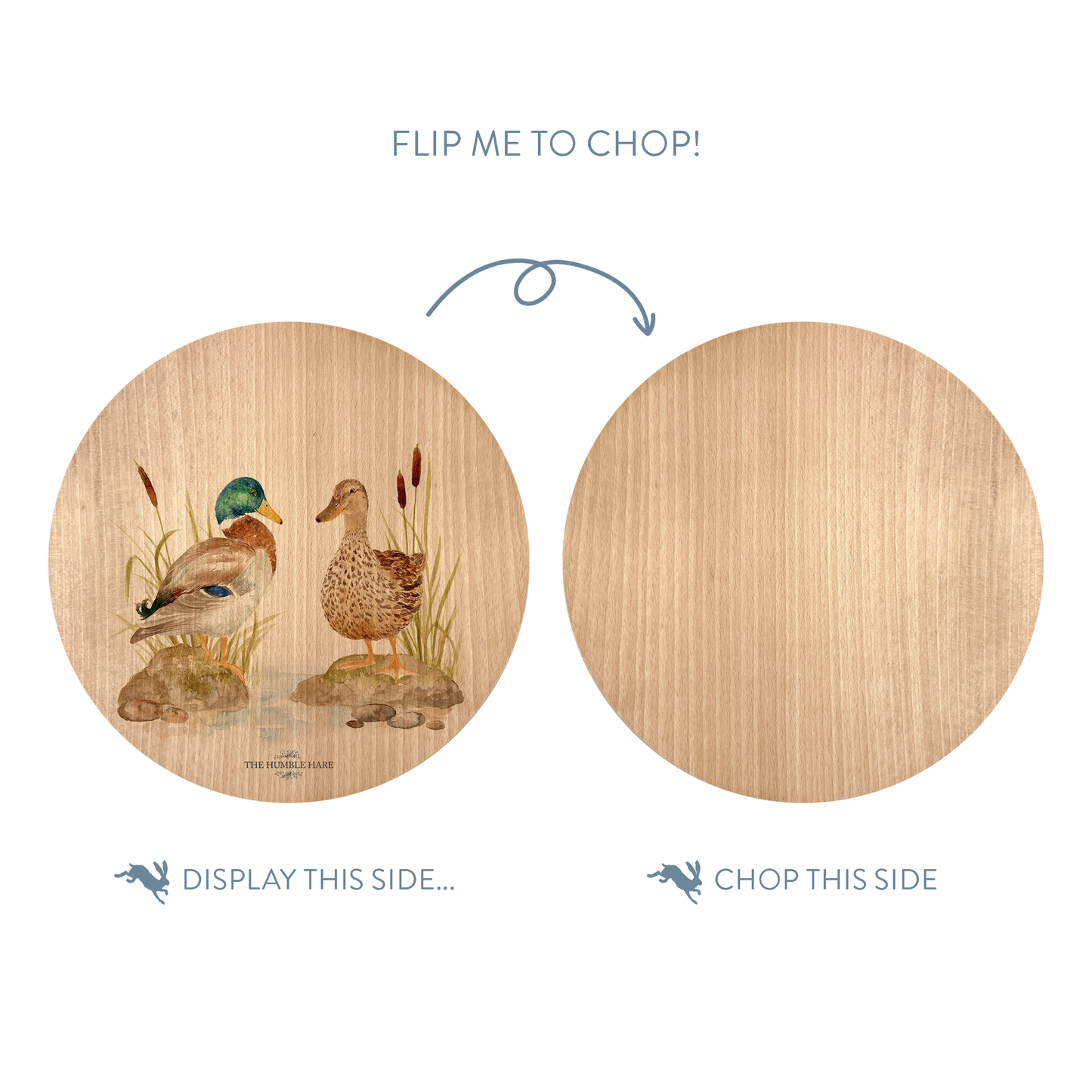 Rustic Beechwood chopping board with countryside-style Mallards sitting on a river bank illustration and luxury blue ribbon.