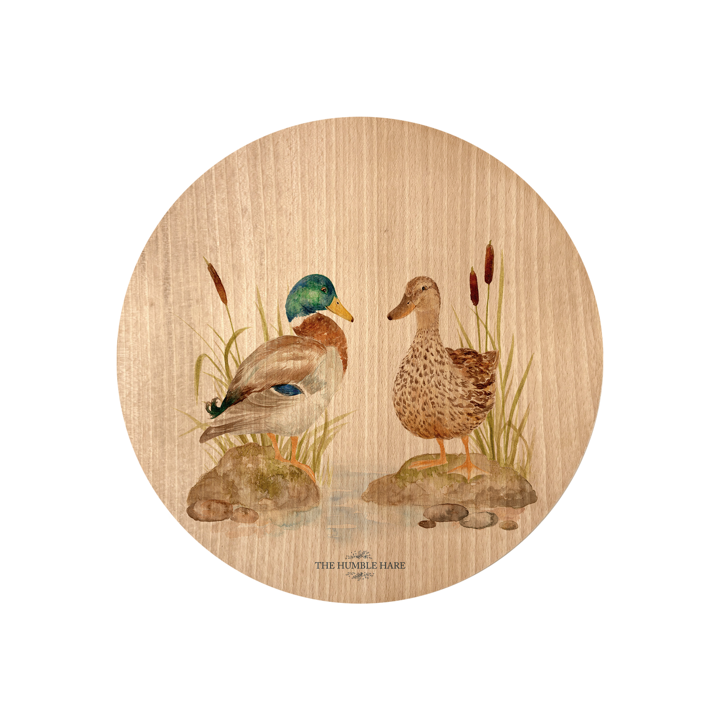 Rustic Beechwood chopping board with countryside-style Mallards sitting on a river bank illustration and luxury blue ribbon.