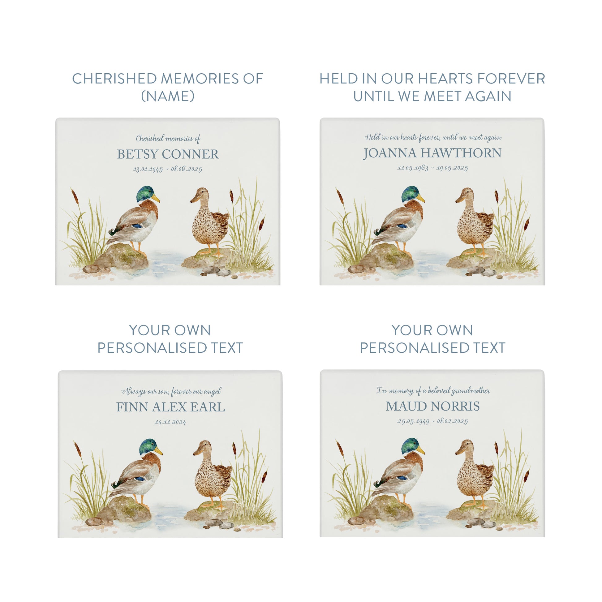 Luxury solid wooden white painted with Ducks on a bank, beautiful watercolour illustration our urns and Caskets for displaying or burying ashes. Customisable and can be personalised. Perfect funeral memory keepsake urn, for storing ashes for humans and pets.