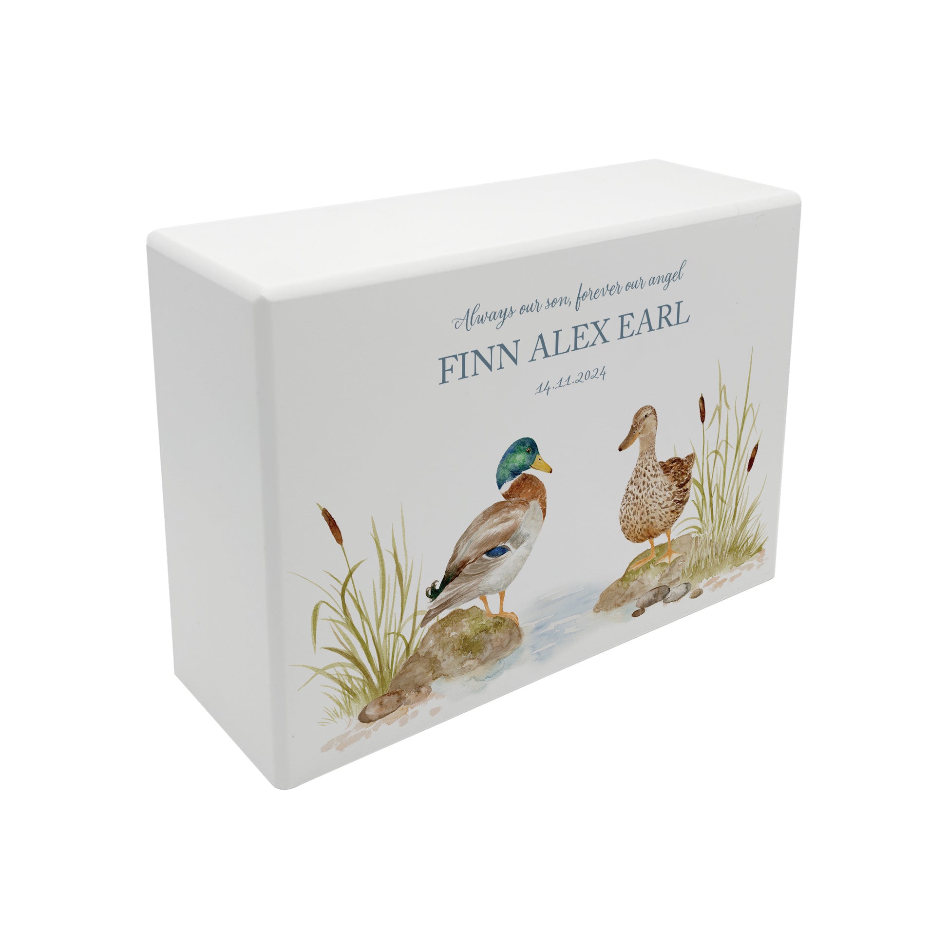 Luxury solid wooden white painted with Ducks on a bank, beautiful watercolour illustration our urns and Caskets for displaying or burying ashes. Customisable and can be personalised. Perfect funeral memory keepsake urn, for storing ashes for humans and pets.