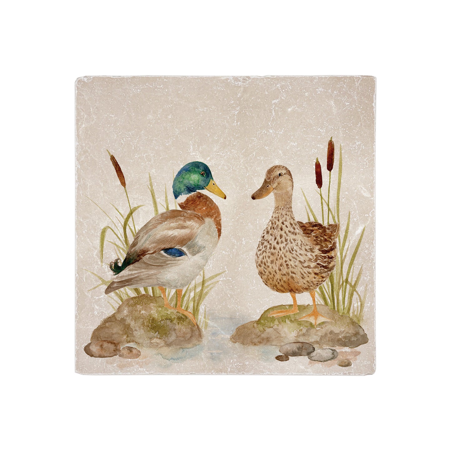 A handmade 20x20cm marble splashback tile featuring a watercolour countryside animal design of mallard ducks by a pond.