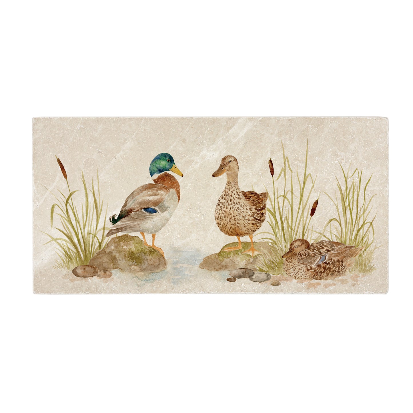 A handmade 20x40cm marble splashback tile featuring a watercolour countryside animal design of mallard ducks by a pond.