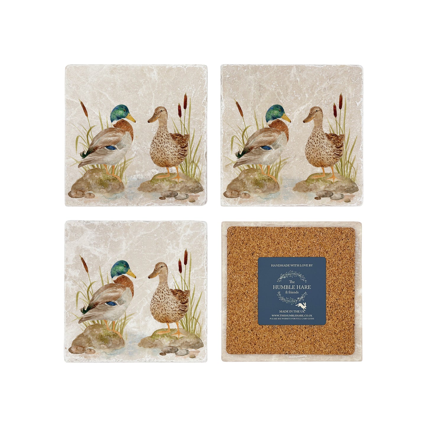A set of 4 handmade marble coasters, featuring a watercolour design of mallard ducks by a pond. One coaster is flipped to show that the coasters are backed with cork.