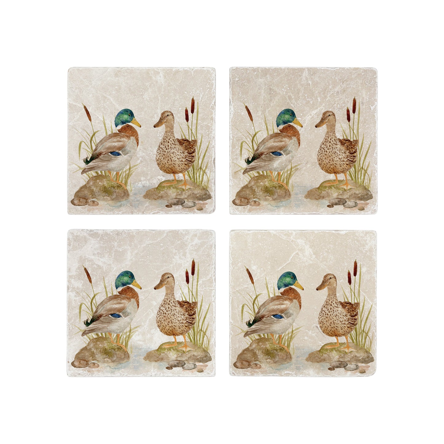A set of 4 handmade marble coasters, featuring a mallard duck watercolour design.