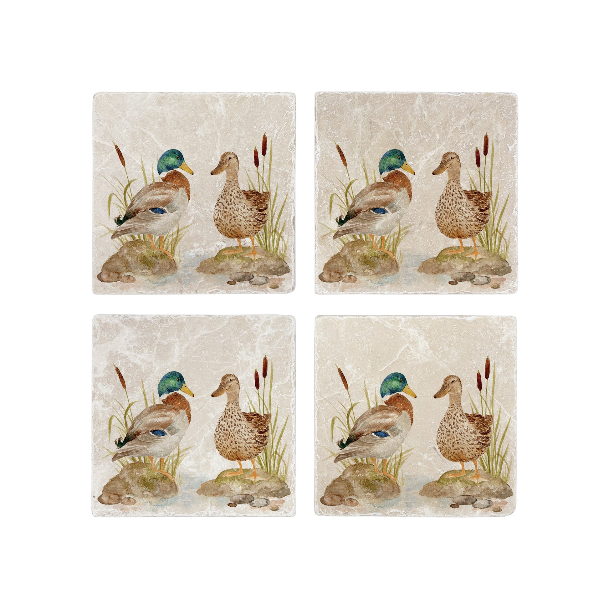 A set of 4 handmade marble coasters, featuring a mallard duck watercolour design.