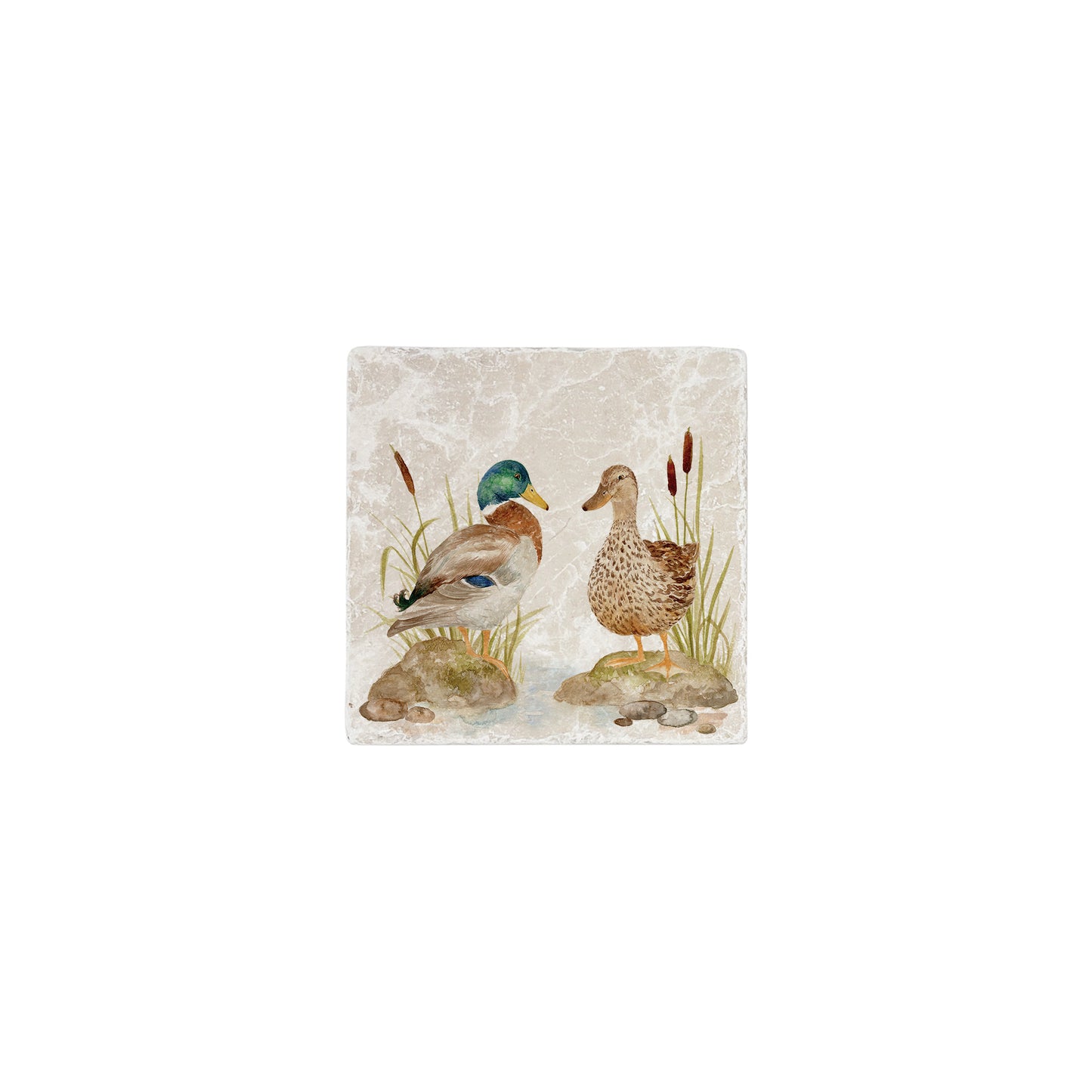 A handmade marble tile featuring a watercolour design of two mallard ducks.