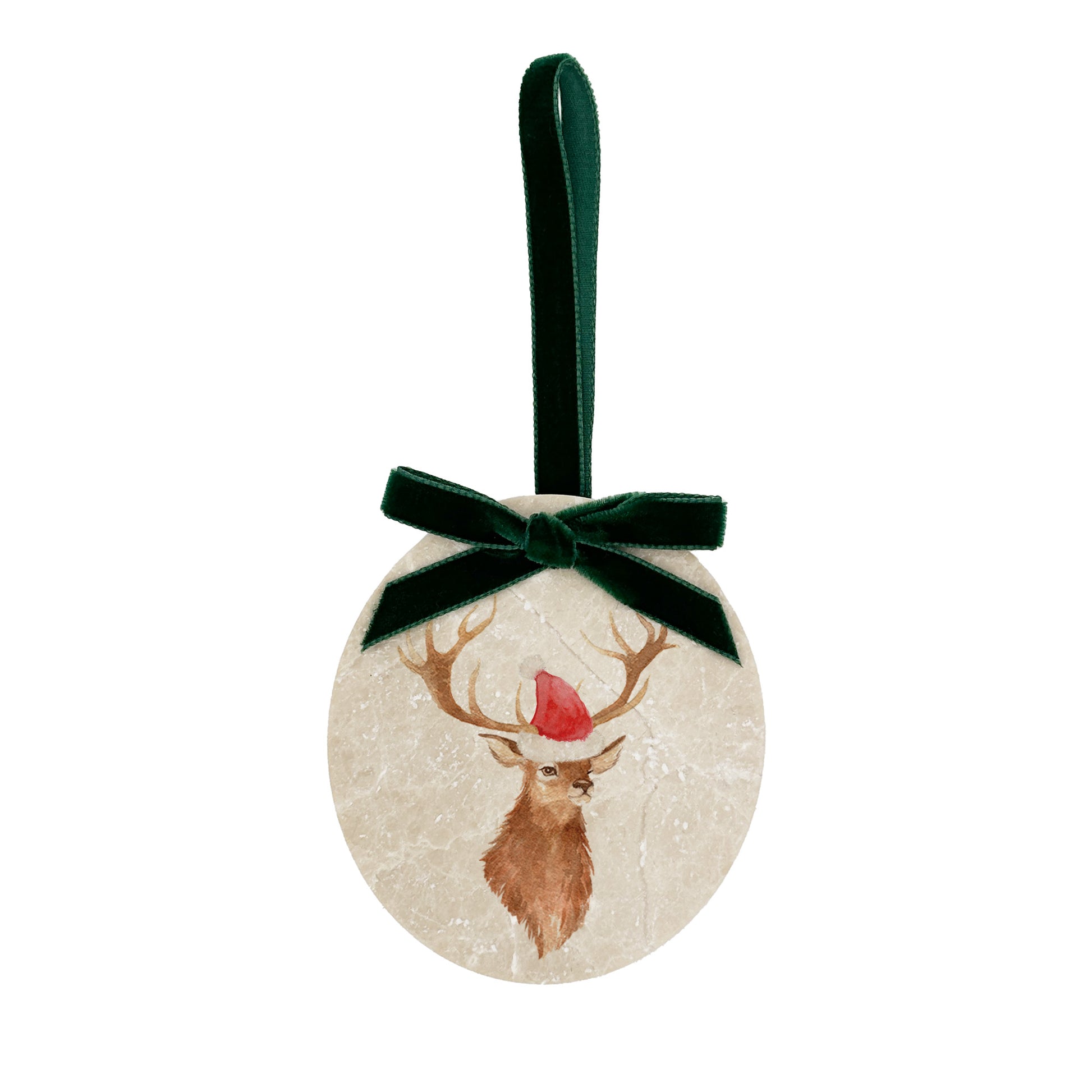 An oval marble bauble featuring a watercolour stag, with the option to add personalised text and a Santa hat. The bauble is finished with a velvet ribbon.
