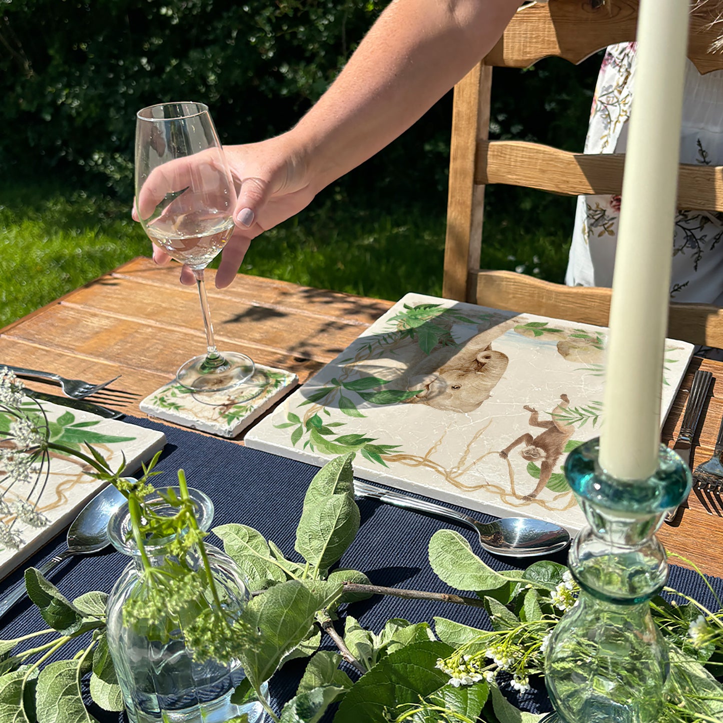 Welcoming our Rainforest Design, surrounded by the rainforest leaves and vines. Our Elephant and Gibbon swinging from the vines. Illustrated in our original watercolour designs in our Large Serving Platter.