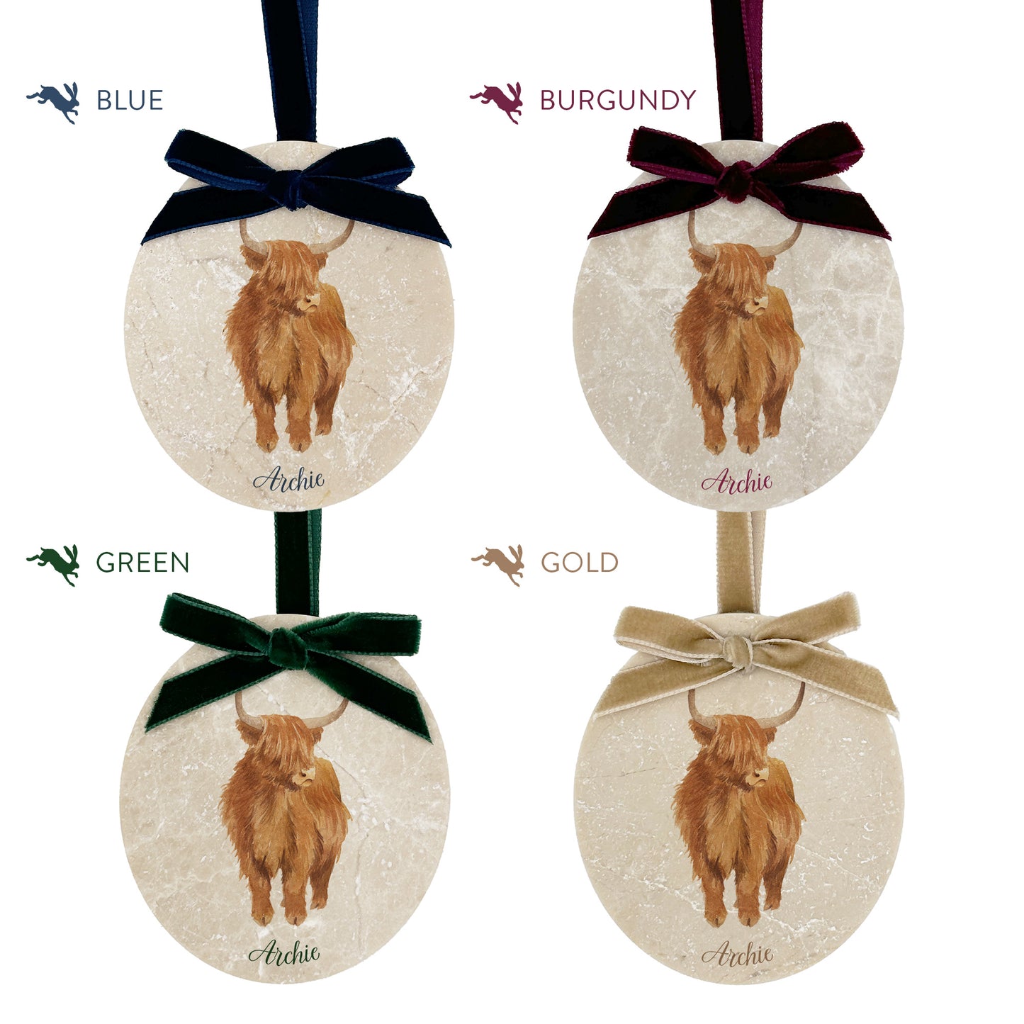 Four personalised oval shaped marble baubles showing a selection of velvet ribbon colour options. Choose from navy blue, burgundy red, forest green and champagne gold.