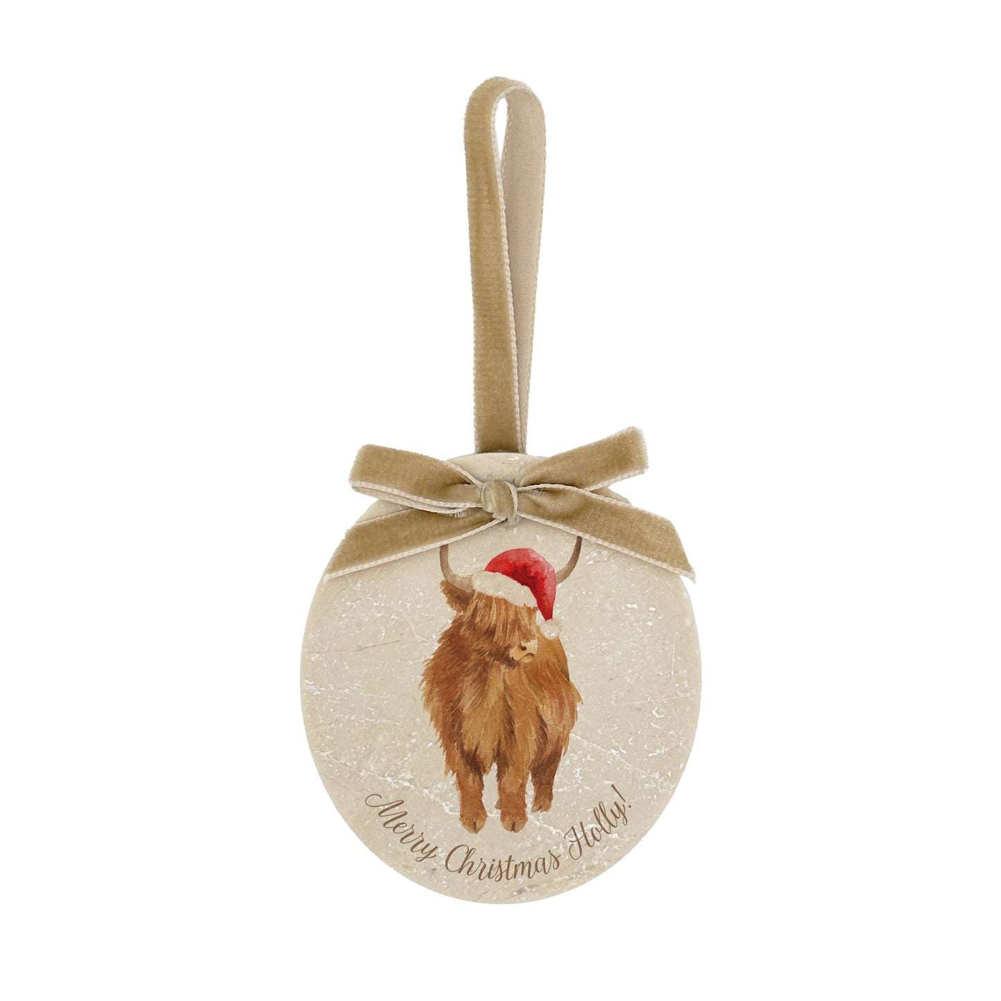 An oval marble bauble featuring a watercolour Highland Cow, personalised with your choice of text to create a Christmas decoration unique to you! The bauble is finished with a velvet ribbon.