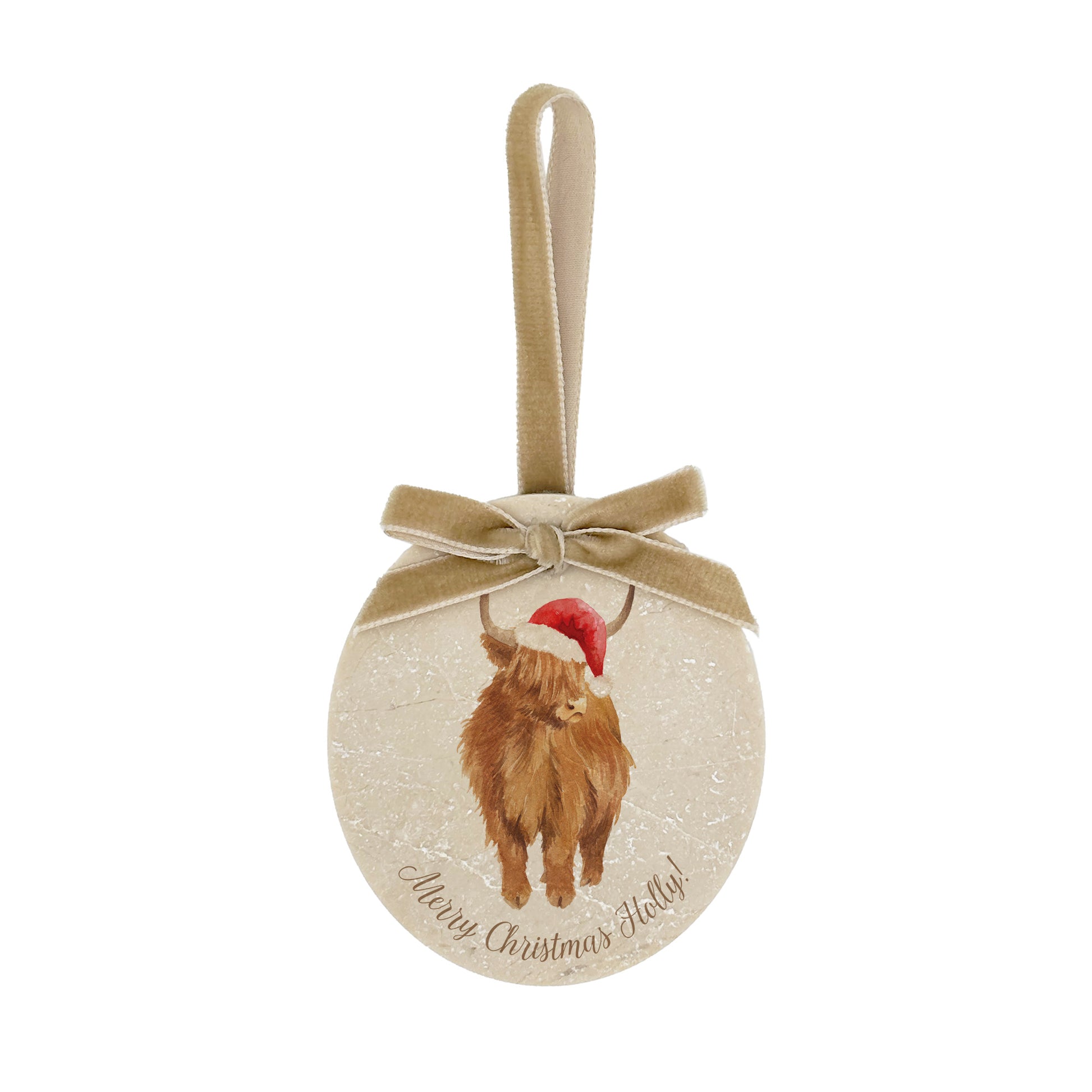 An oval marble bauble featuring a watercolour Highland Cow, personalised with your choice of text to create a Christmas decoration unique to you! The bauble is finished with a velvet ribbon.