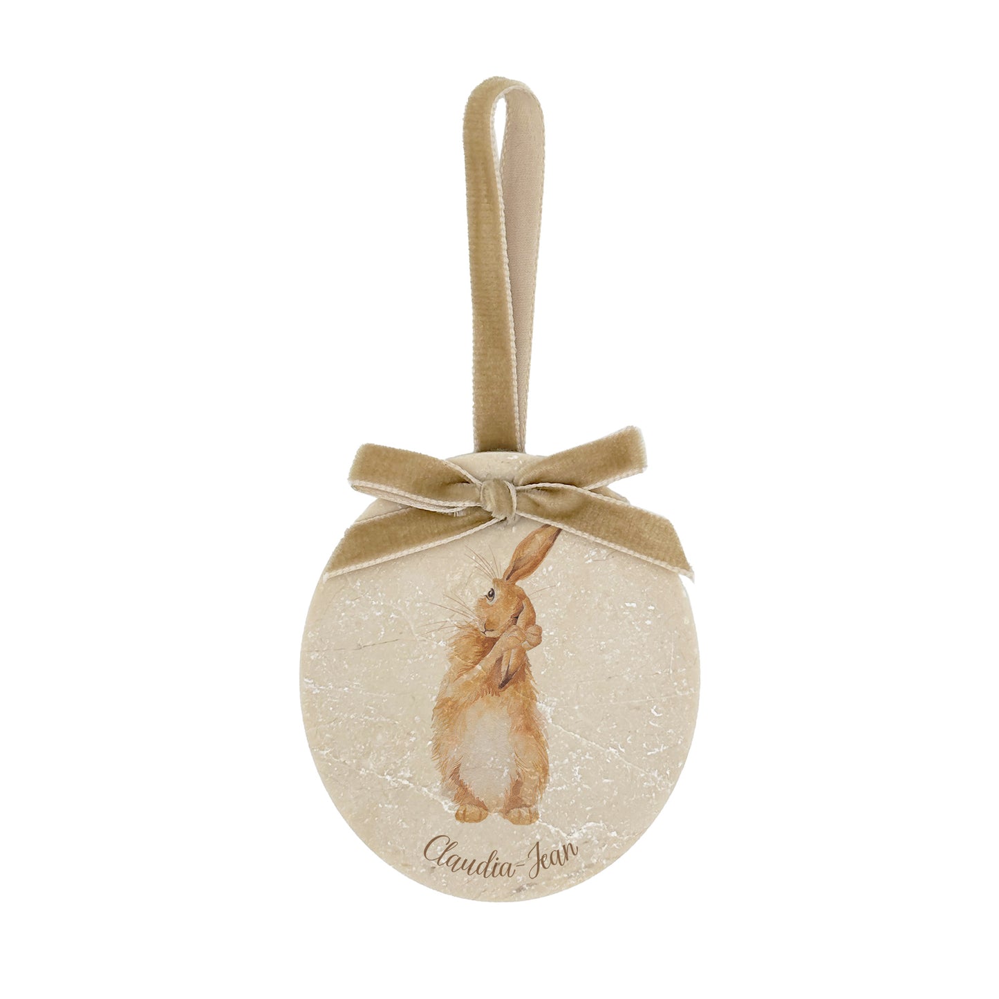 An oval marble bauble featuring a watercolour hare, personalised with your choice of text to create a Christmas decoration unique to you! The bauble is finished with a velvet ribbon.