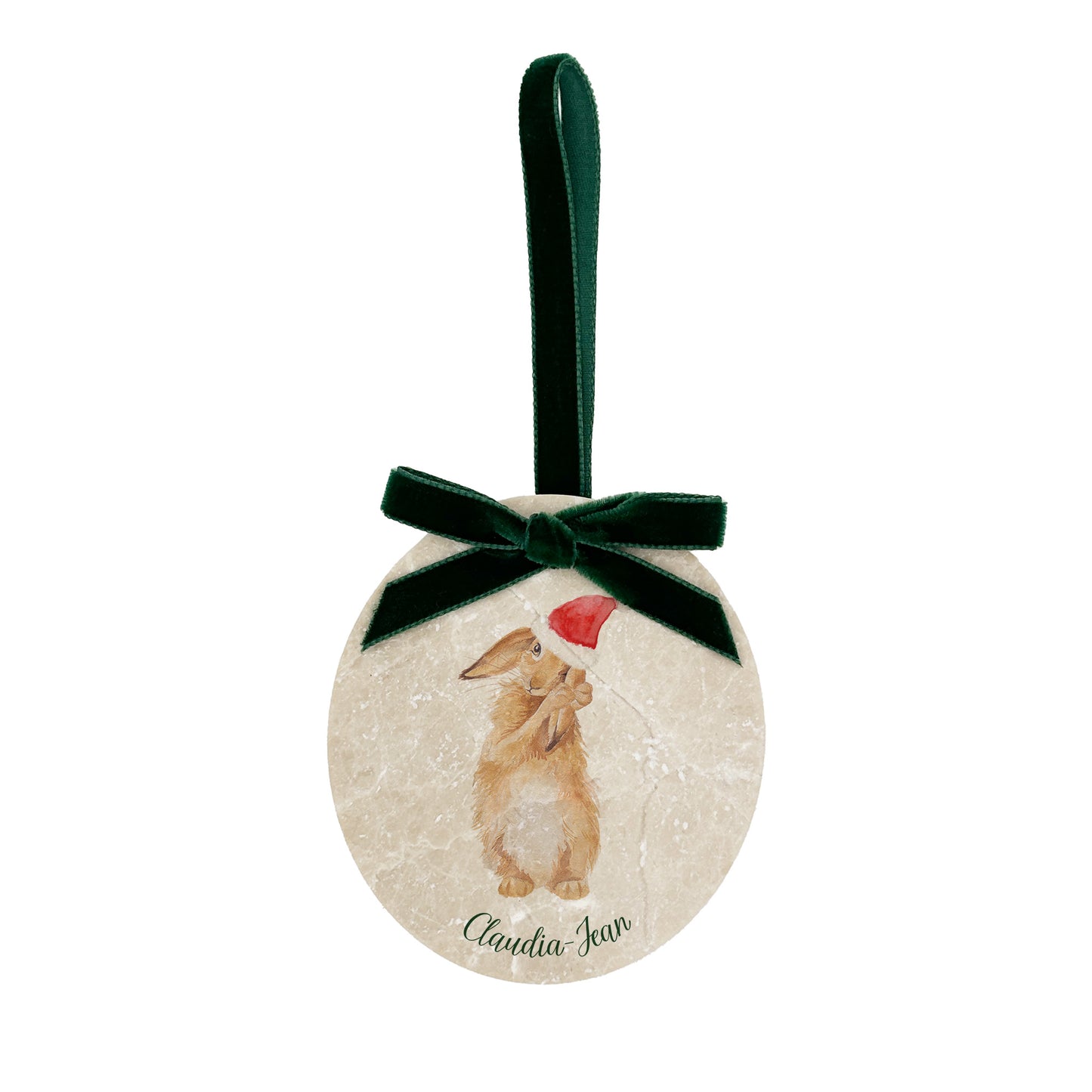 An oval marble bauble featuring a watercolour hare, personalised with your choice of text to create a Christmas decoration unique to you! The bauble is finished with a velvet ribbon.