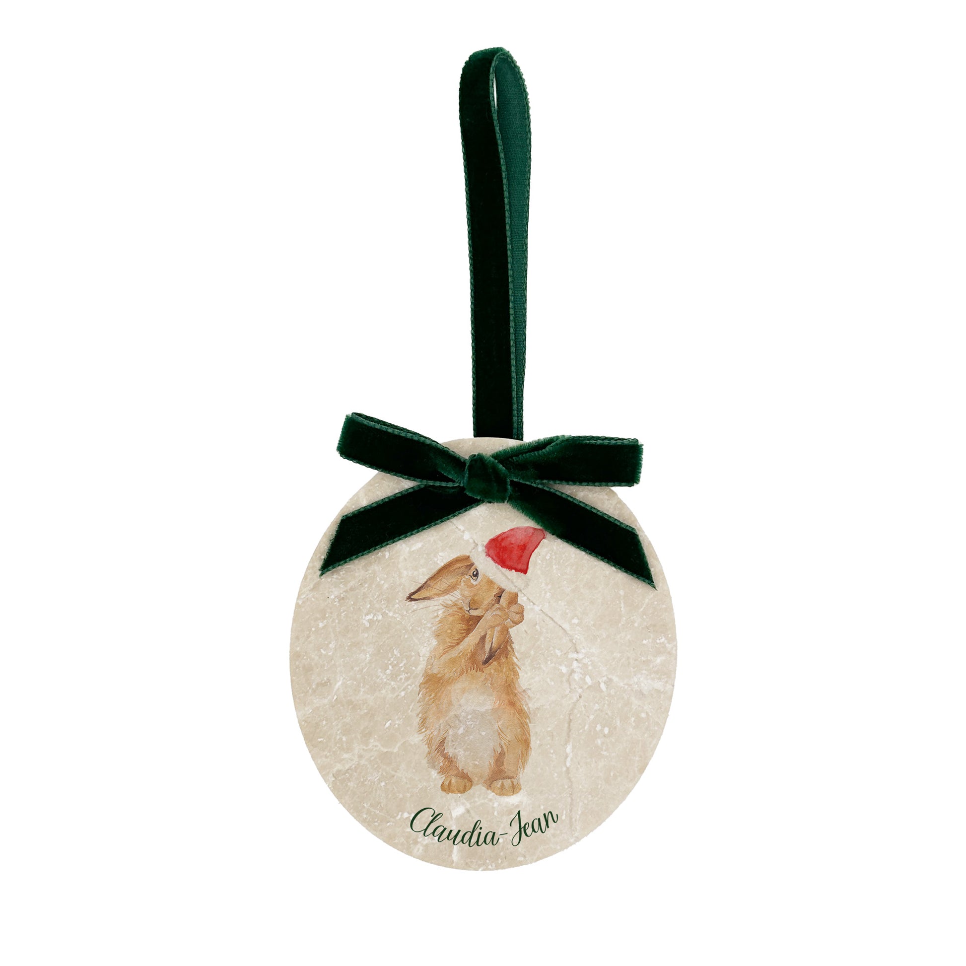 An oval marble bauble featuring a watercolour hare, personalised with your choice of text to create a Christmas decoration unique to you! The bauble is finished with a velvet ribbon.