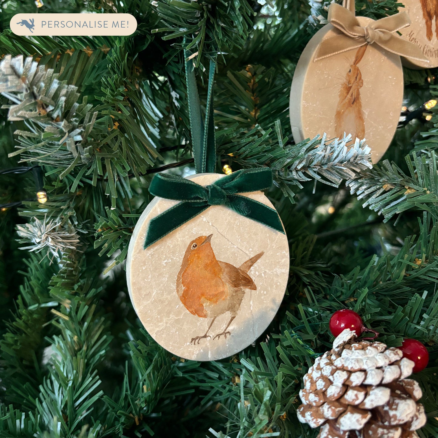 Embrace the beauty of nature this Christmas with our oval-shaped marble baubles, featuring intricate watercolour designs inspired by the great outdoors. Each bauble is finished with a luxurious velvet ribbon in your chosen colour and can be personalised to create a one-of-a-kind holiday decoration.