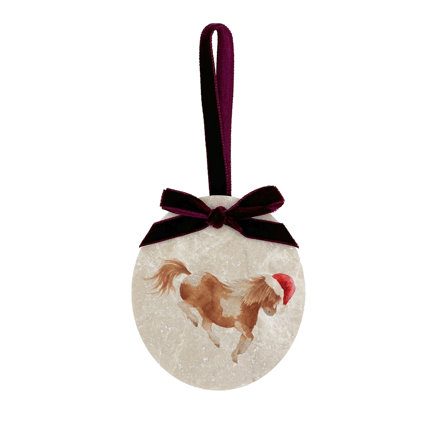 An oval marble bauble featuring a watercolour Shetland pony, with the option to add personalised text and a Santa hat. The bauble is finished with a velvet ribbon.