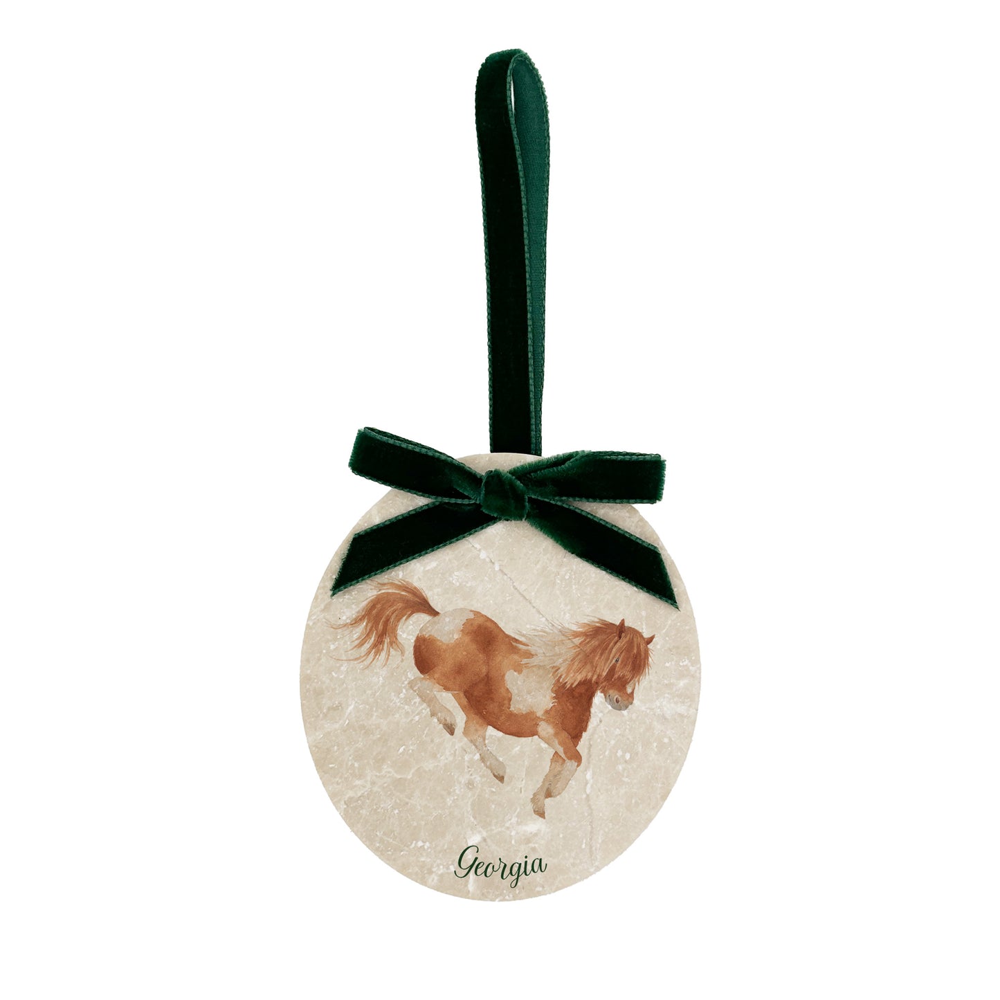 An oval marble bauble featuring a watercolour Shetland pony, personalised with your choice of text to create a Christmas decoration unique to you! The bauble is finished with a velvet ribbon.
