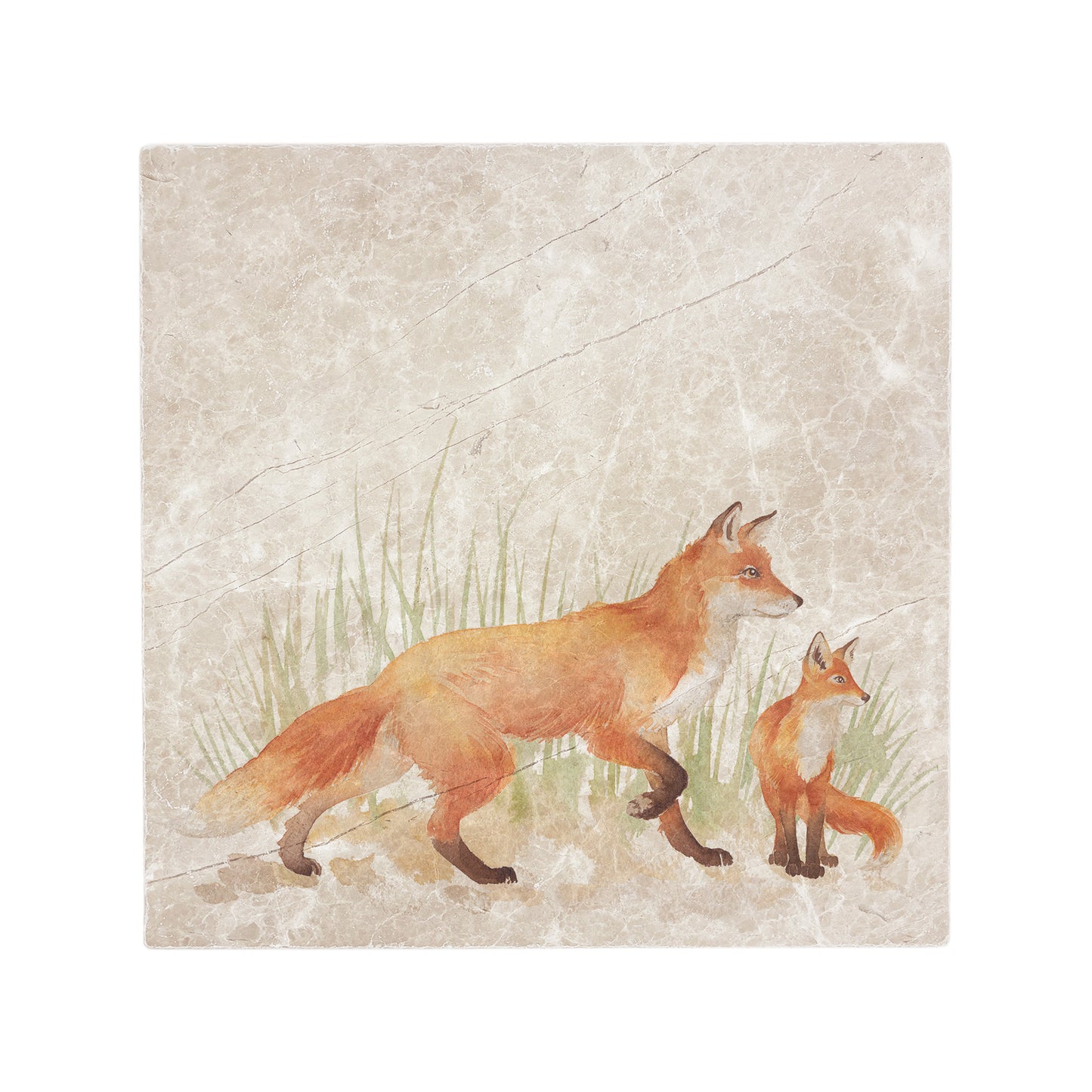 A handmade square cream marble splashback tile featuring a watercolour countryside animal design of a fox and her fox cub in grass.